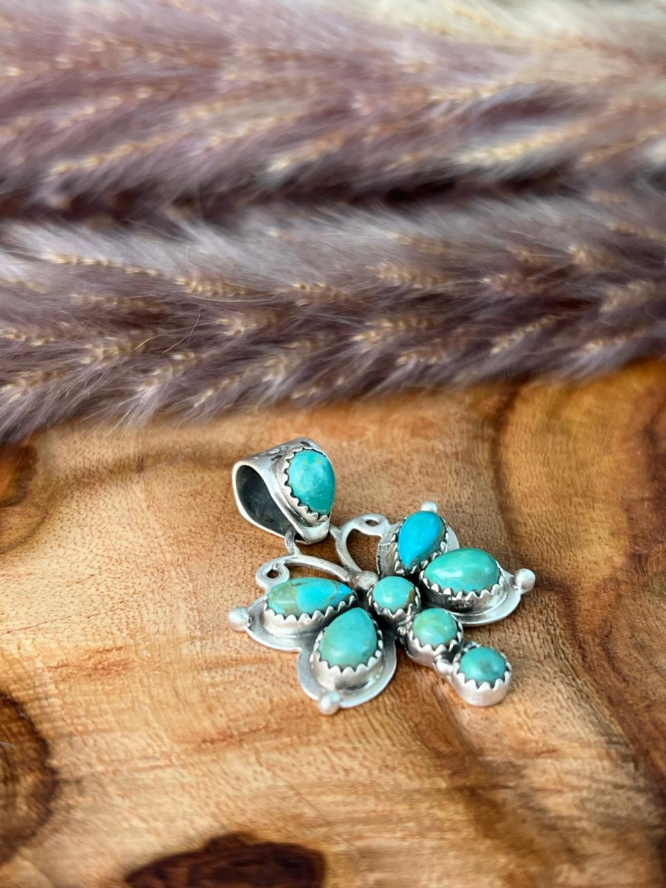 Handmade Sterling Silver Kingman Turquoise Butterfly Pendant "Signed Nizhoni"