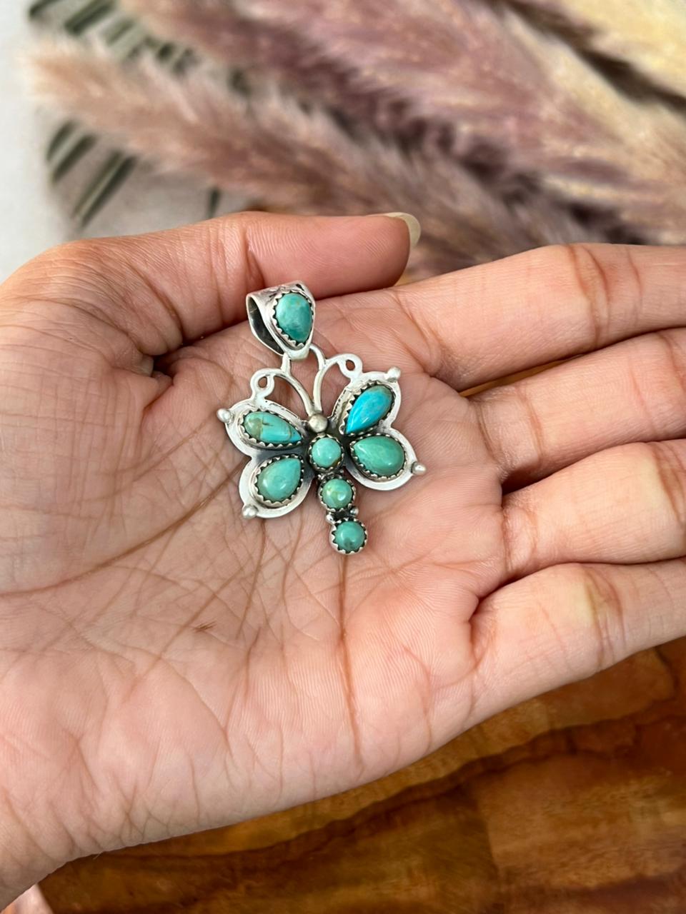 Handmade Sterling Silver Kingman Turquoise Butterfly Pendant "Signed Nizhoni"