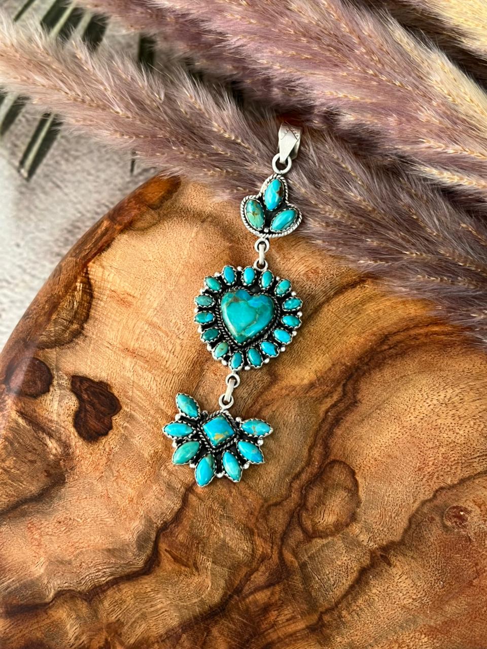Handmade Sterling Silver Kingman Turquoise Heart Pendant "Signed Nizhoni"
