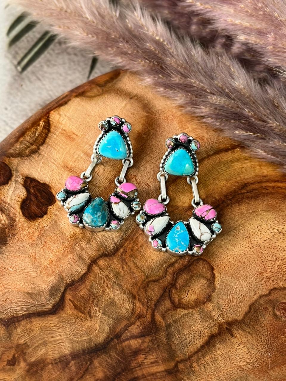 Handmade Sterling Silver Sierra Bella Turquoise with Cotton Candy Collection: Post Dangle Earrings "Signed Nizhoni"