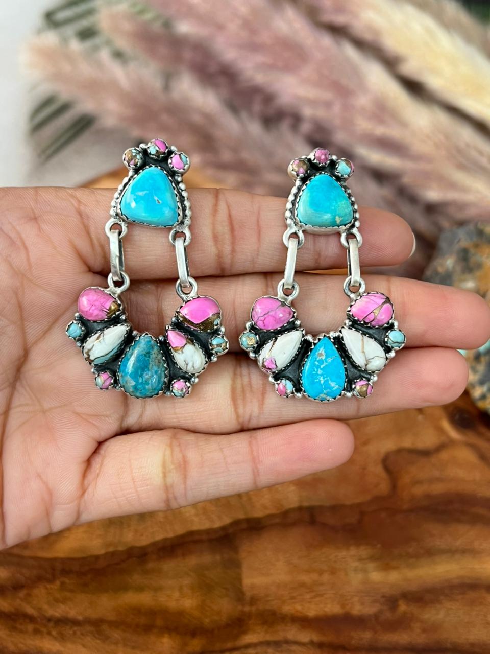 Handmade Sterling Silver Sierra Bella Turquoise with Cotton Candy Collection: Post Dangle Earrings "Signed Nizhoni"