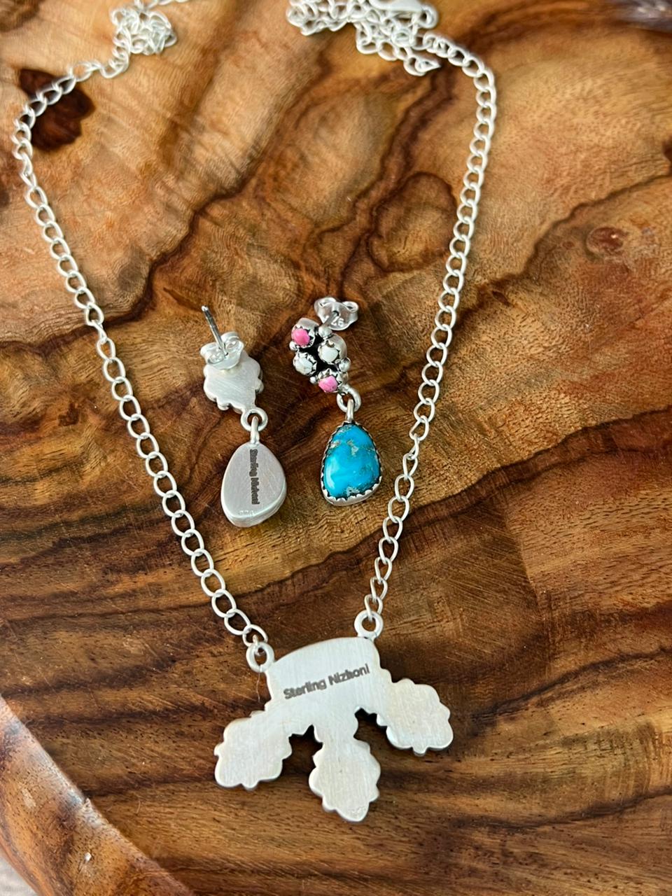 Handmade Sterling Silver Sierra Bella Turquoise with Cotton Candy Collection: Necklace Earrings Set "Signed Nizhoni"