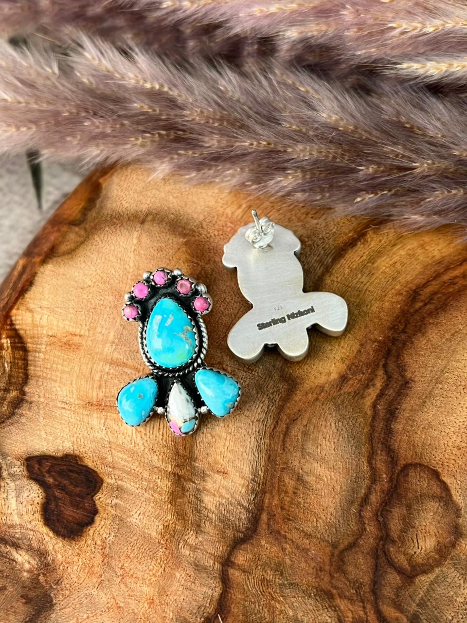 Handmade Sterling Silver Sierra Bella Turquoise with Cotton Candy Collection: Post Studs Earrings "Signed Nizhoni"