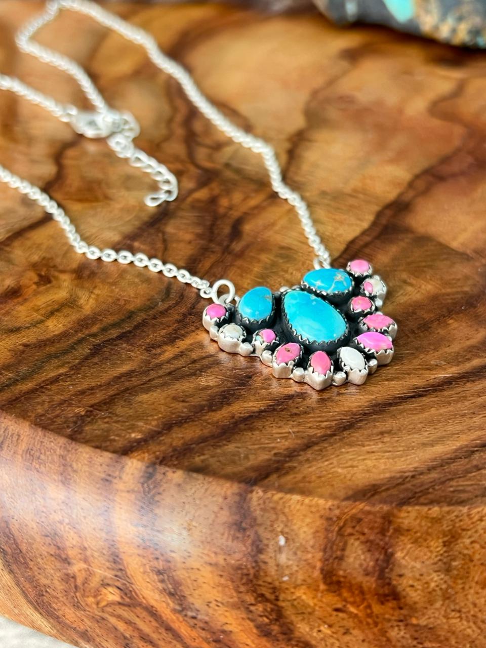Handmade Sterling Silver Sierra Bella Turquoise with Cotton Candy Collection: Necklace "Signed Nizhoni"