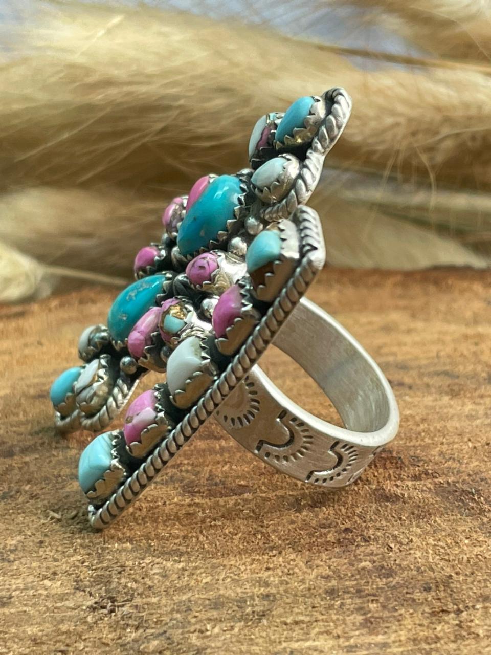 Handmade Sterling Silver Sierra Bella Turquoise with Cotton Candy Collection: Adjustable Ring "Signed Nizhoni" (4)