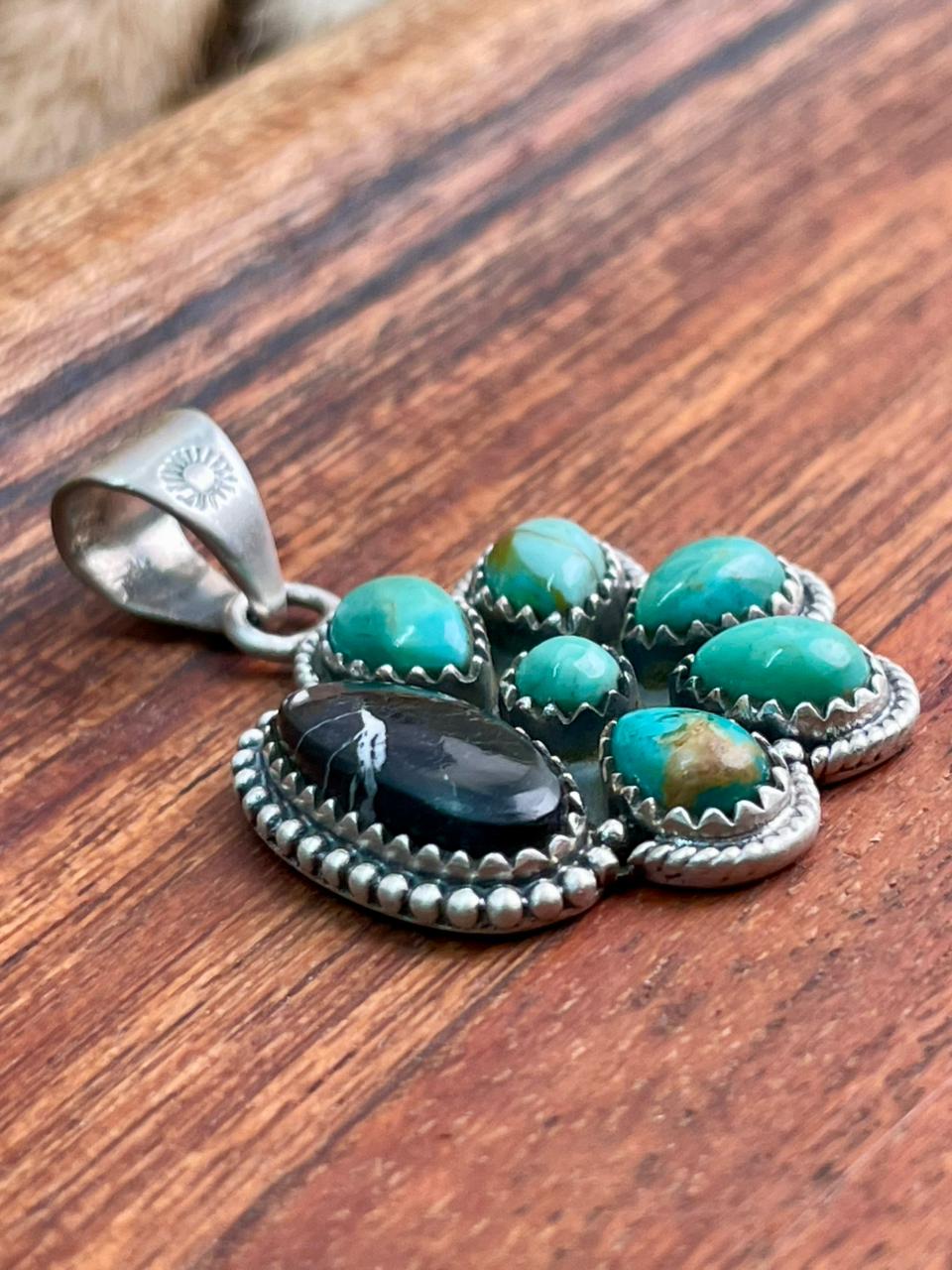 Handmade Sterling Silver Kingman Turquoise with White Buffalo Pendant "Signed Nizhoni"
