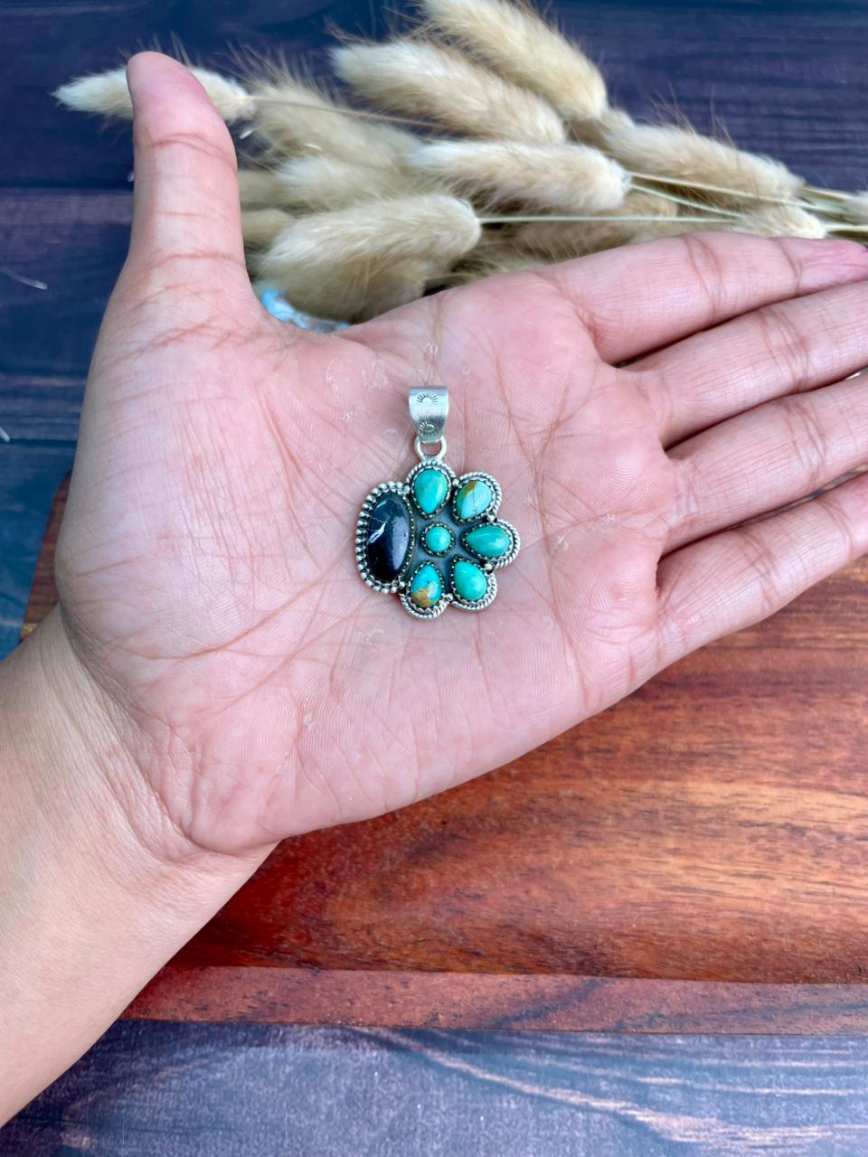 Handmade Sterling Silver Kingman Turquoise with White Buffalo Pendant "Signed Nizhoni"