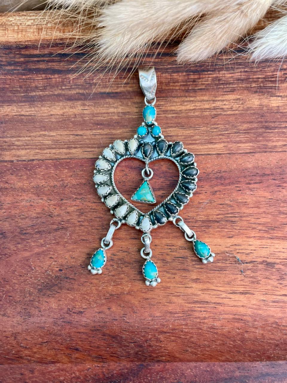 Handmade Sterling Silver Kingman Turquoise with White Buffalo Heart Pendant "Signed Nizhoni"