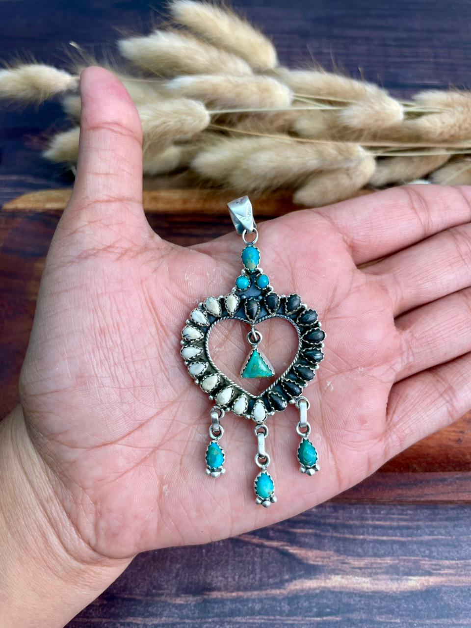 Handmade Sterling Silver Kingman Turquoise with White Buffalo Heart Pendant "Signed Nizhoni"