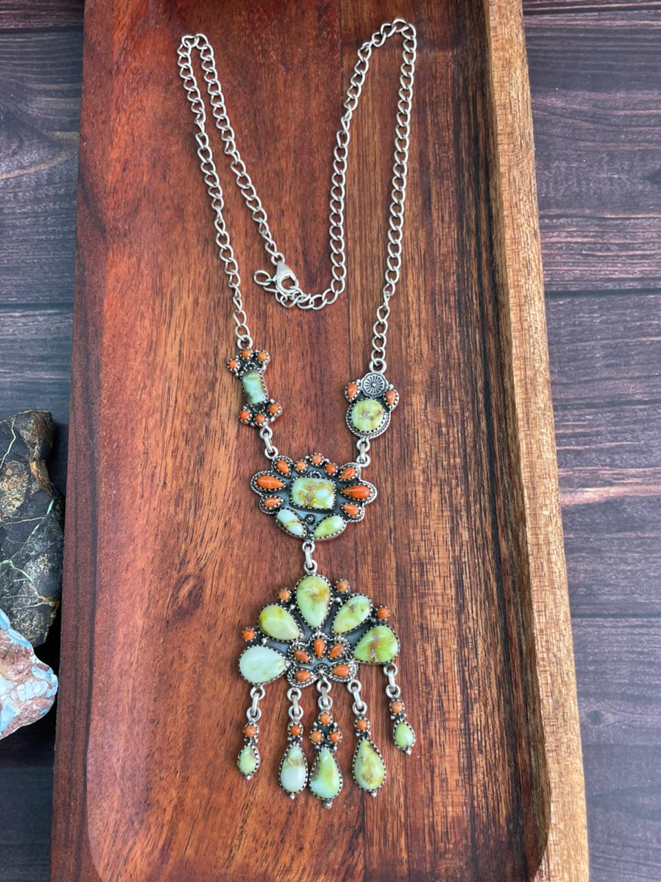 Handmade Sterling Silver Paloma Turquoise with Orange Mojave Necklace "Signed Nizhoni"