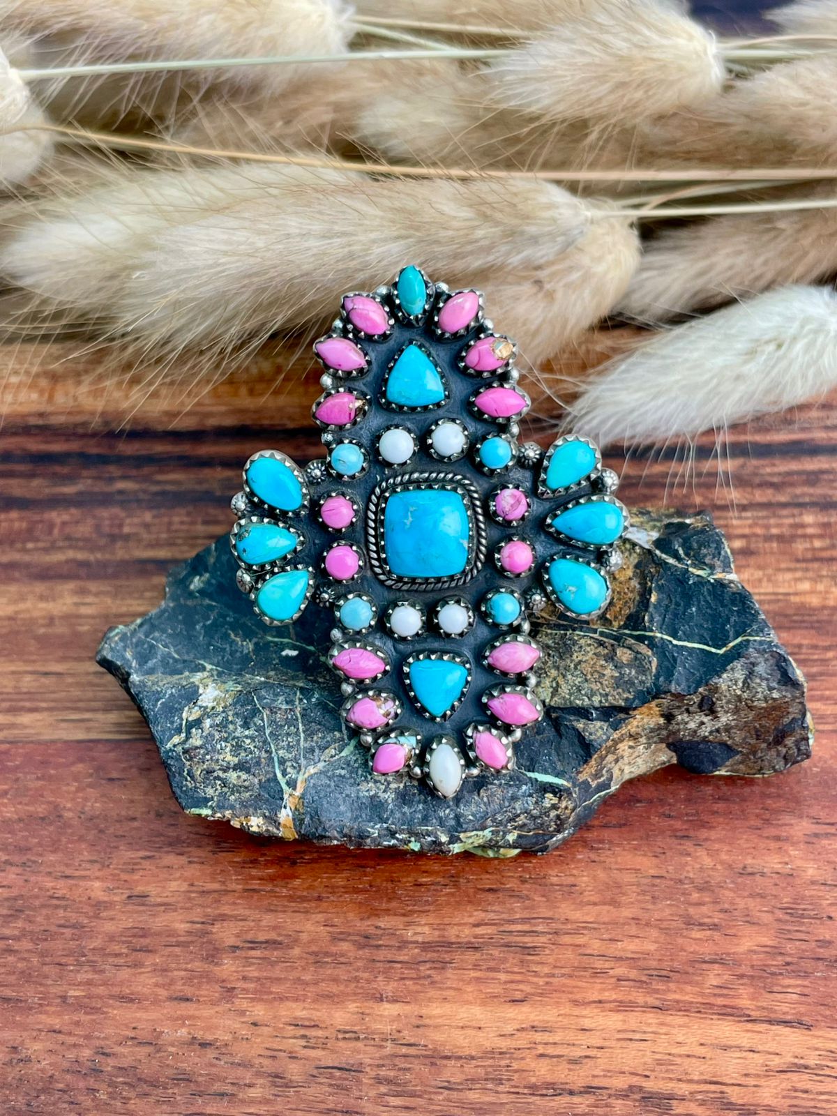 Handmade Sterling Silver Sierra Bella Turquoise with Cotton Candy Collection: Adjustable Ring "Signed Nizhoni"