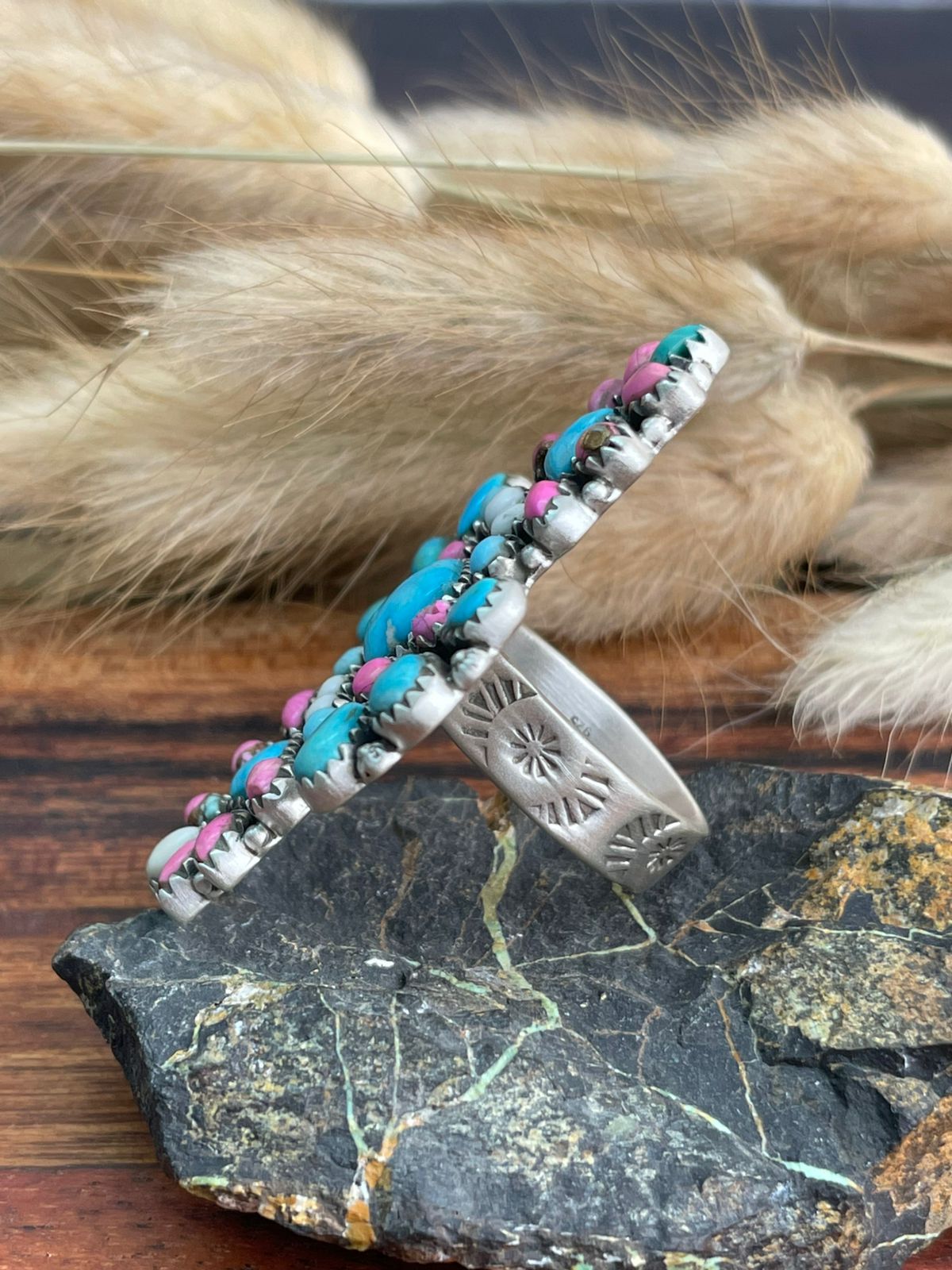 Handmade Sterling Silver Sierra Bella Turquoise with Cotton Candy Collection: Adjustable Ring "Signed Nizhoni"