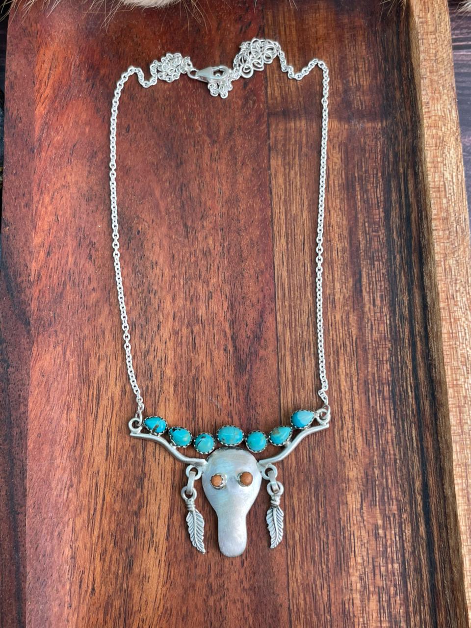 Handmade Sterling Silver Kingman Turquoise with Orange Mojave Bull Necklace "Signed Nizhoni"