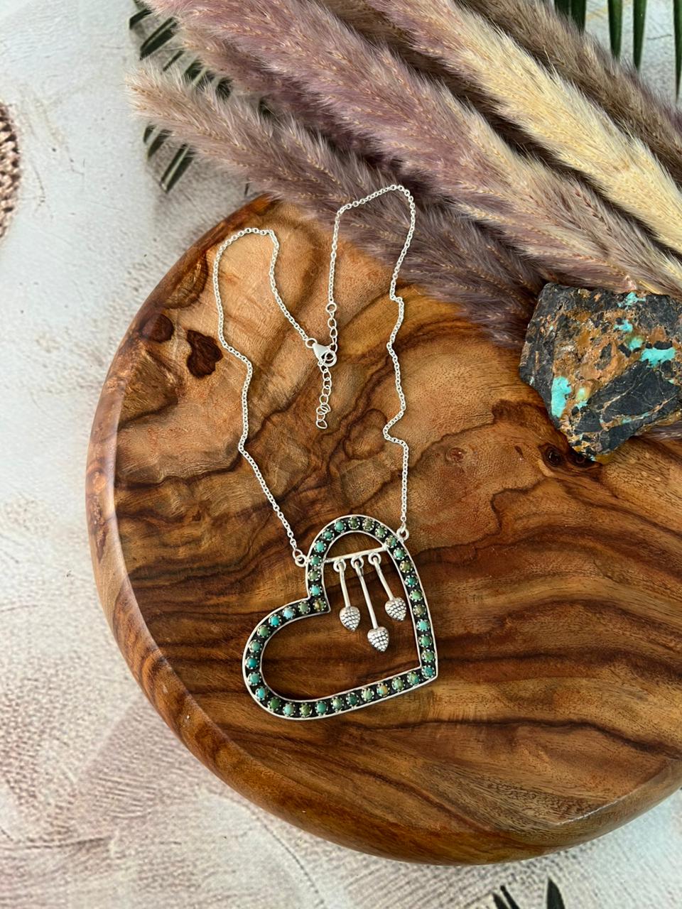 Handmade Sterling Silver Kingman Turquoise Heart Necklace "Signed Nizhoni"