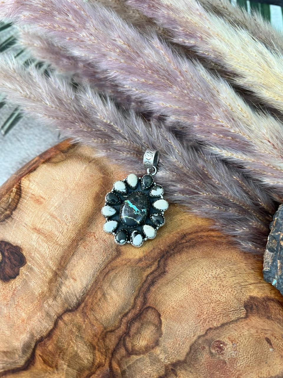 Handmade Sterling Silver Blackjack Turquoise with White Buffalo Pendant "Signed Nizhoni"
