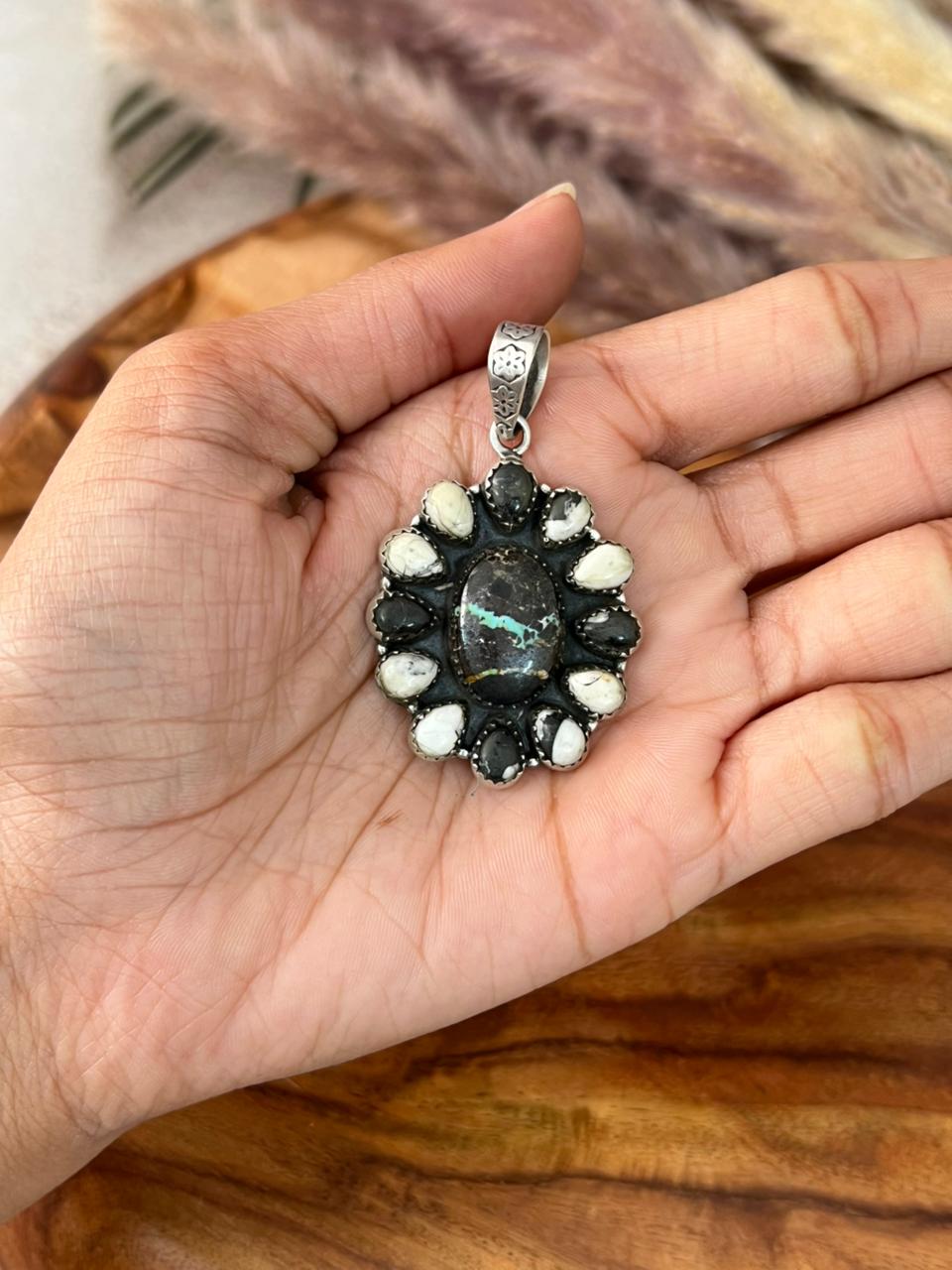 Handmade Sterling Silver Blackjack Turquoise with White Buffalo Pendant "Signed Nizhoni"