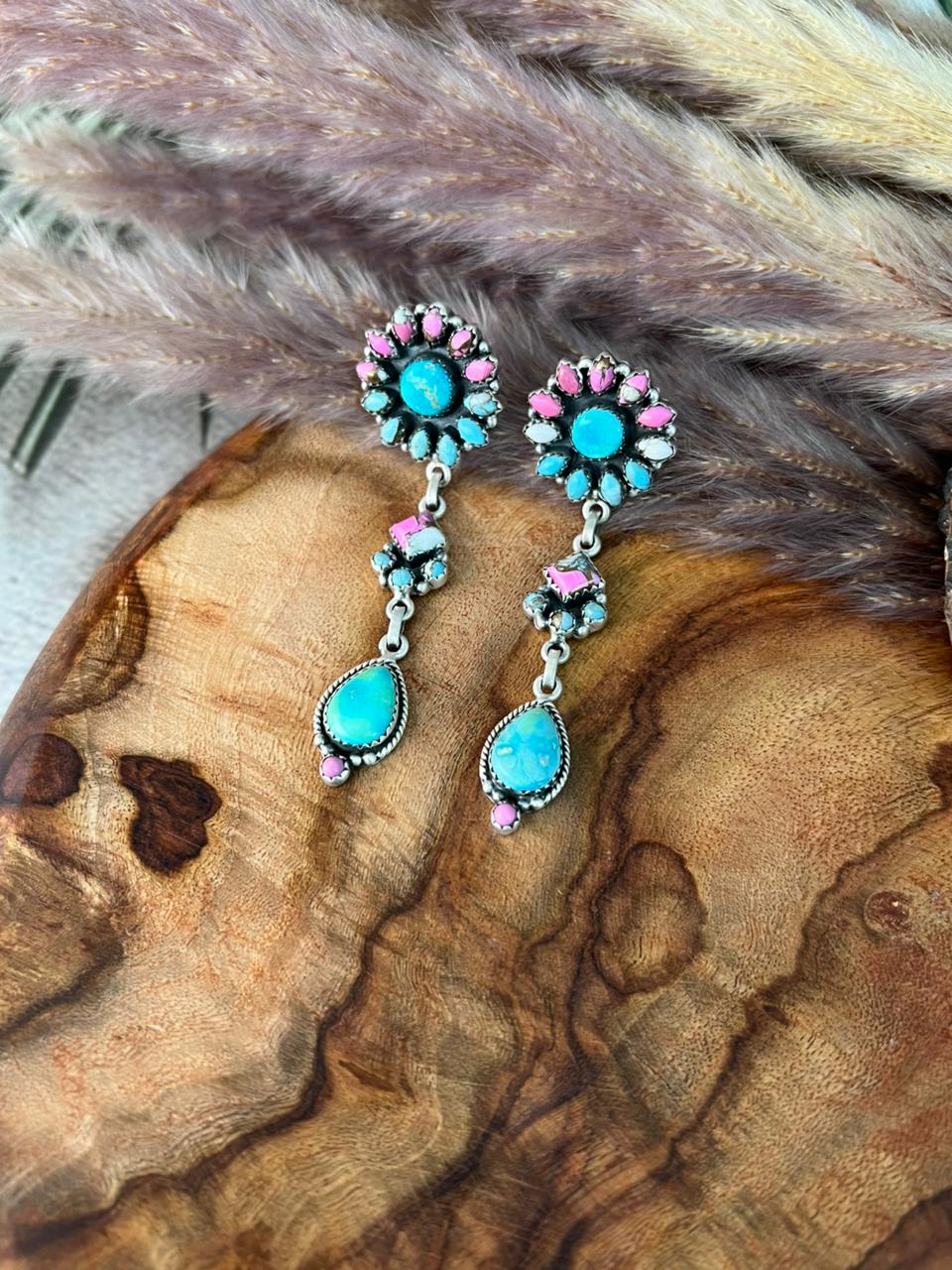 Handmade Sterling Silver Sierra Bella Turquoise with Cotton Candy Collection: Post Dangle Earrings "Signed Nizhoni"