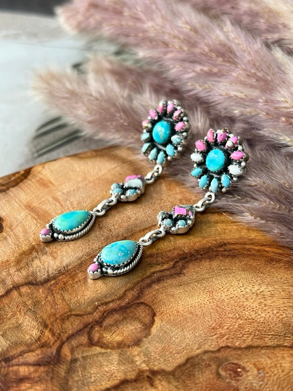 Handmade Sterling Silver Sierra Bella Turquoise with Cotton Candy Collection: Post Dangle Earrings "Signed Nizhoni"