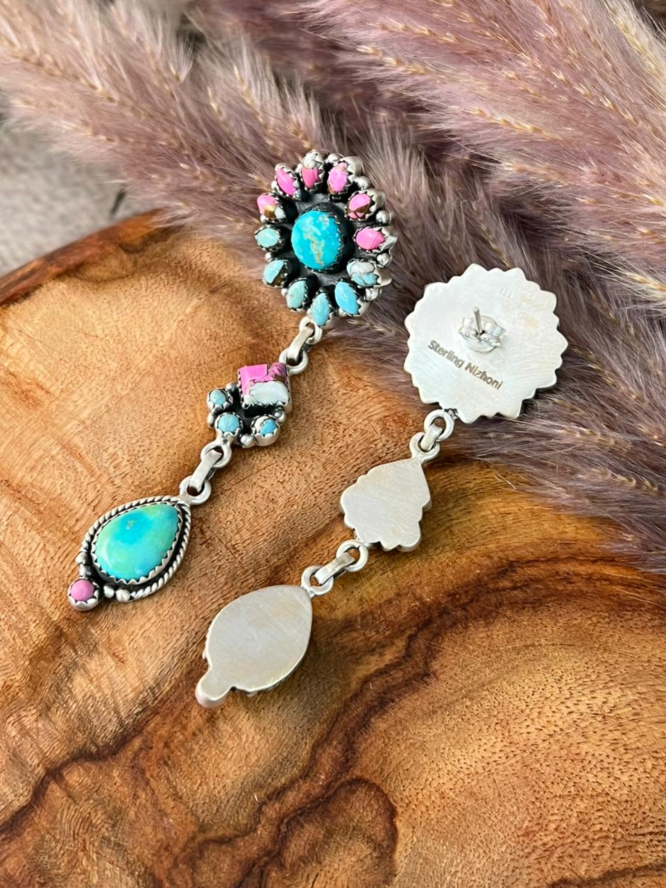 Handmade Sterling Silver Sierra Bella Turquoise with Cotton Candy Collection: Post Dangle Earrings "Signed Nizhoni"