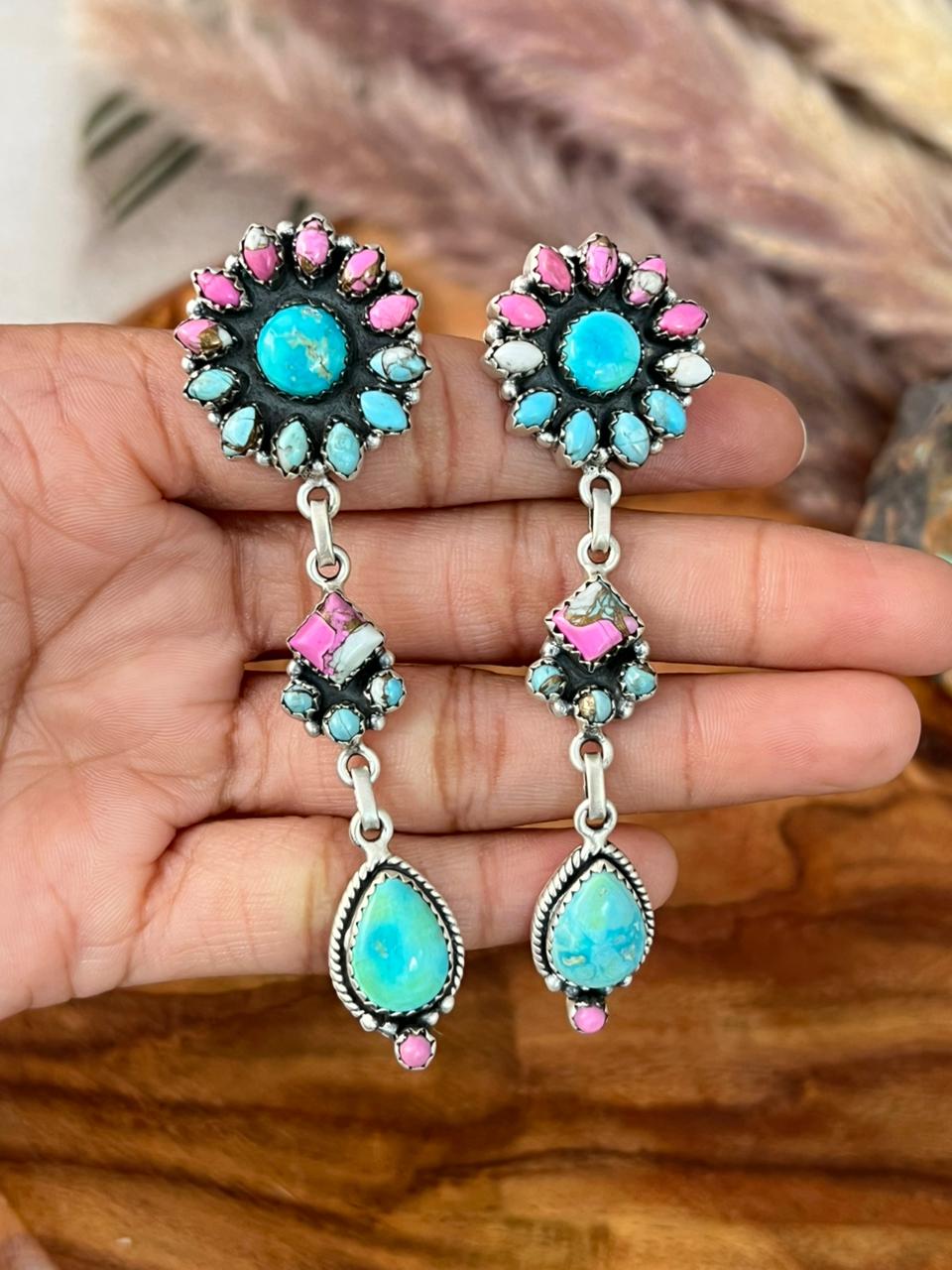 Handmade Sterling Silver Sierra Bella Turquoise with Cotton Candy Collection: Post Dangle Earrings "Signed Nizhoni"