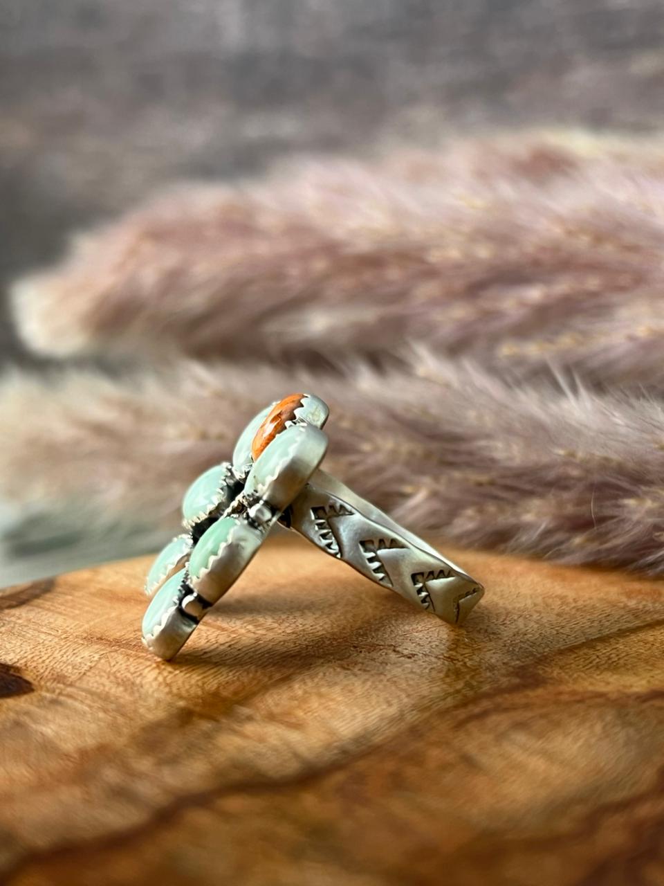 Handmade Sterling Silver Paloma Turquoise with Orange Mojave Adjustable Ring "Signed Nizhoni"