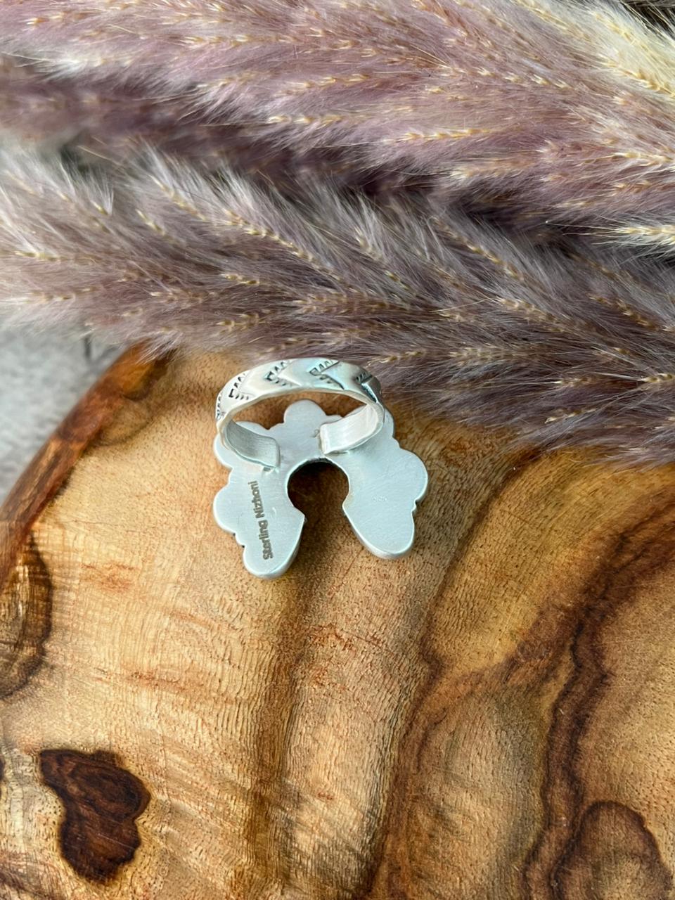 Handmade Sterling Silver Paloma Turquoise with Orange Mojave Adjustable Ring "Signed Nizhoni"