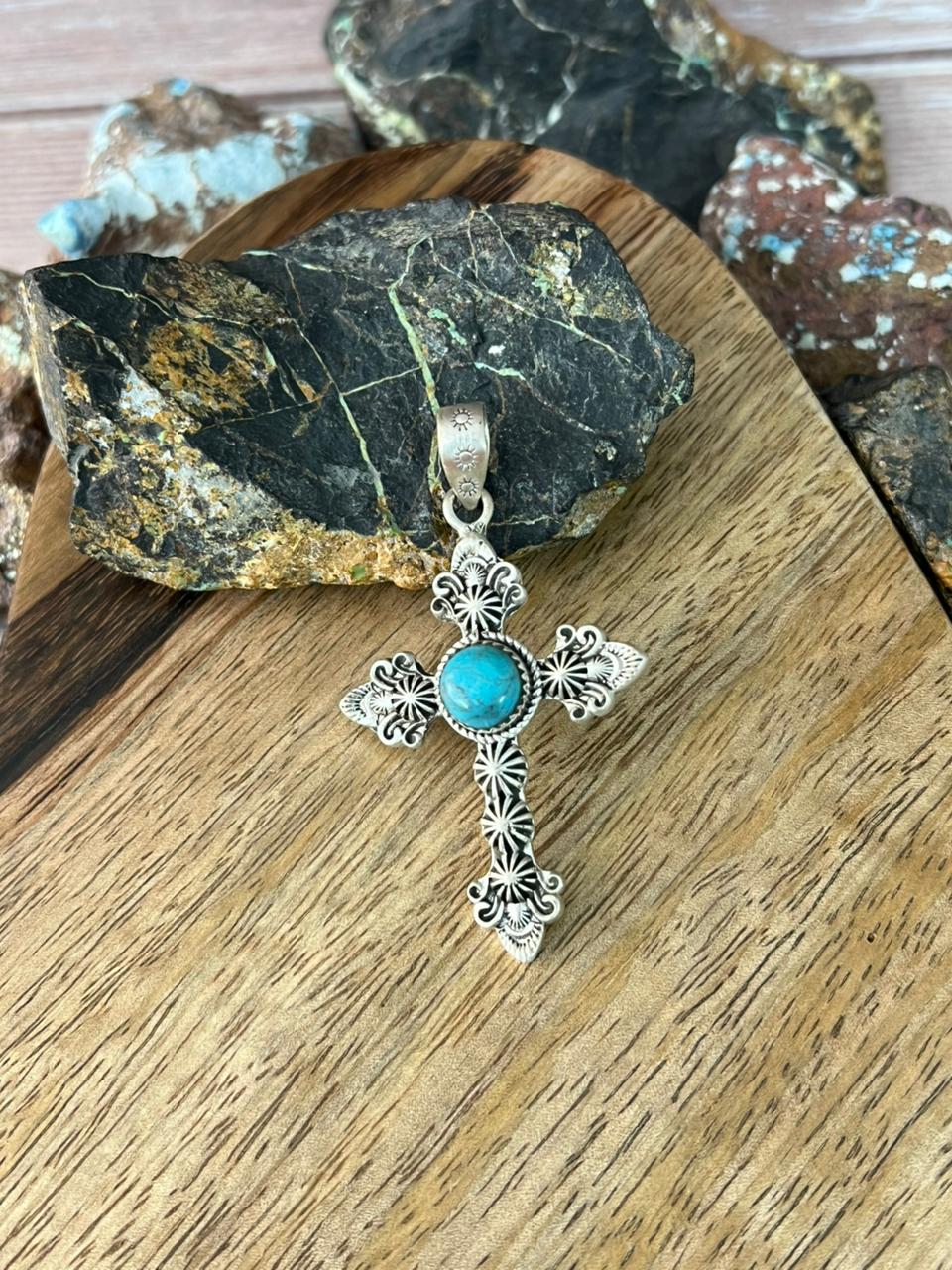 Handmade Sterling Silver Kingman Turquoise Cross Pendant "Signed Nizhoni"