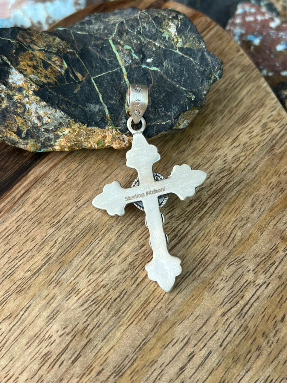 Handmade Sterling Silver Kingman Turquoise Cross Pendant "Signed Nizhoni"