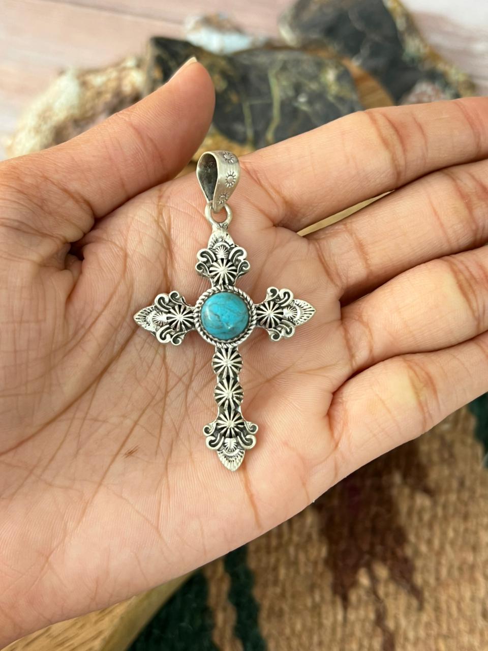 Handmade Sterling Silver Kingman Turquoise Cross Pendant "Signed Nizhoni"
