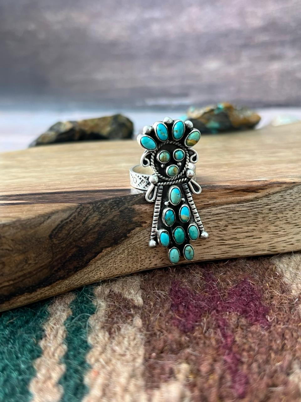 Handmade Sterling Silver Kingman Turquoise Adjustable Ring "Signed Nizhoni"