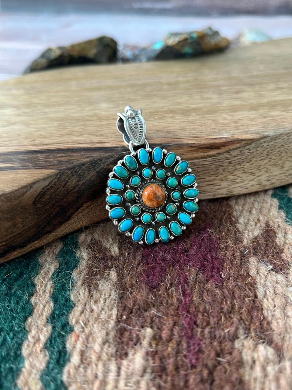 Handmade Sterling Silver Orange Mojave with Kingman Turquoise Pendant "Signed Nizhoni"