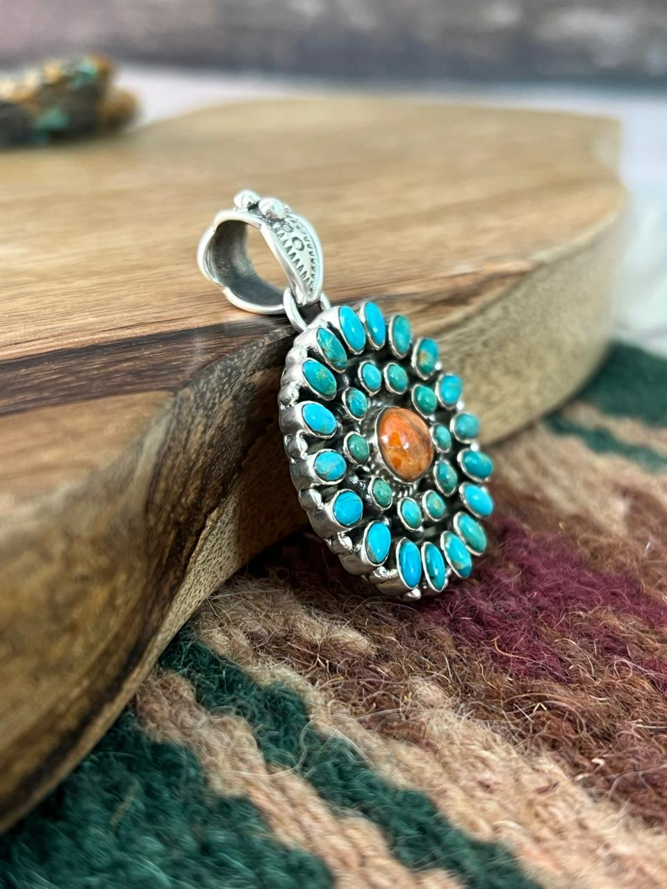 Handmade Sterling Silver Orange Mojave with Kingman Turquoise Pendant "Signed Nizhoni"