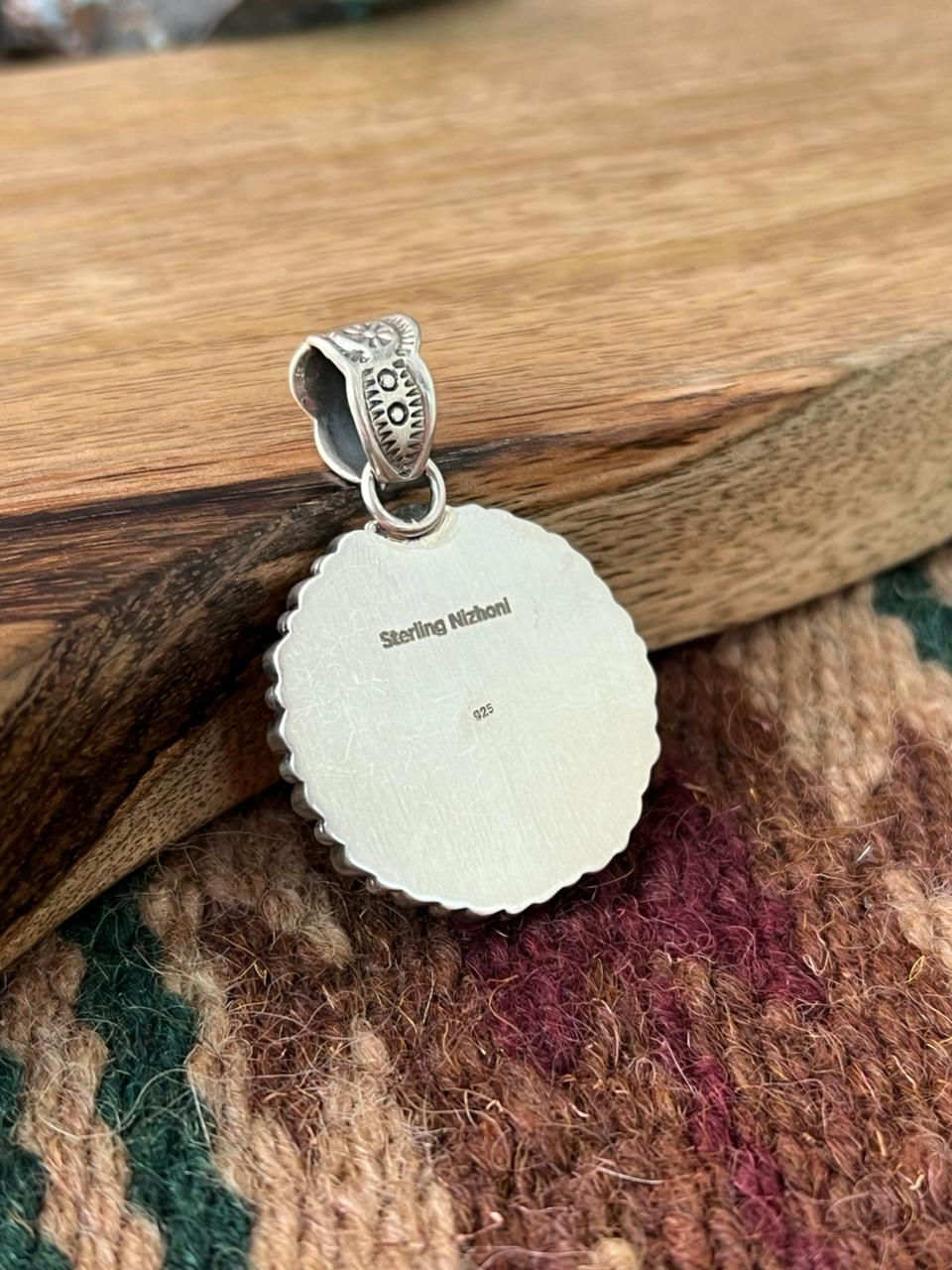 Handmade Sterling Silver Orange Mojave with Kingman Turquoise Pendant "Signed Nizhoni"