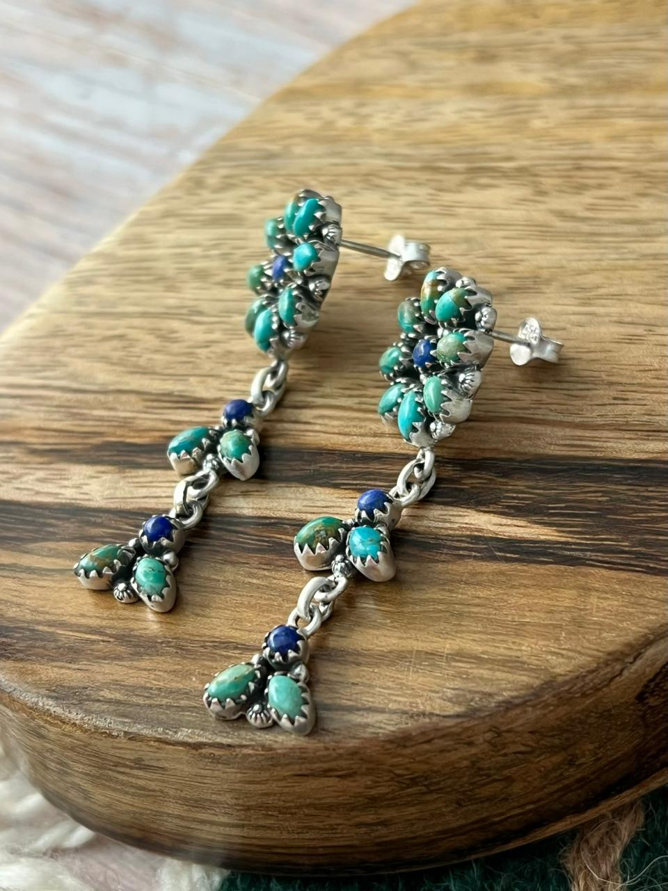 Handmade Sterling Silver Kingman Turquoise with Lapis Post Dangle Earrings "Signed Nizhoni"