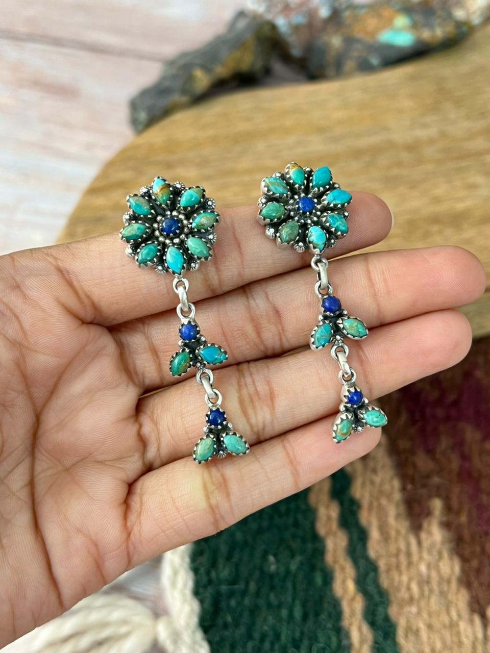 Handmade Sterling Silver Kingman Turquoise with Lapis Post Dangle Earrings "Signed Nizhoni"