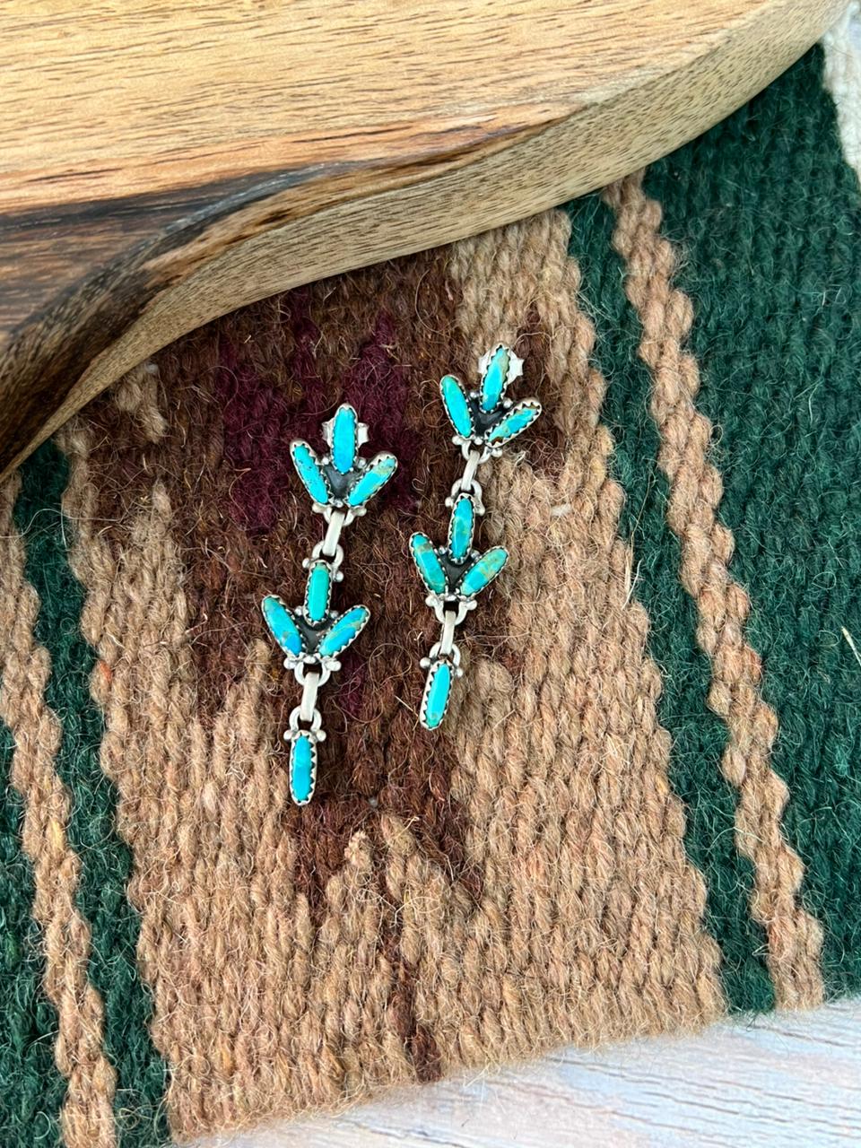 Handmade Sterling Silver Kingman Turquoise Post Dangle Earrings "Signed Nizhoni"