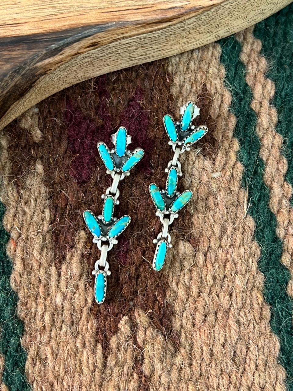 Handmade Sterling Silver Kingman Turquoise Post Dangle Earrings "Signed Nizhoni"