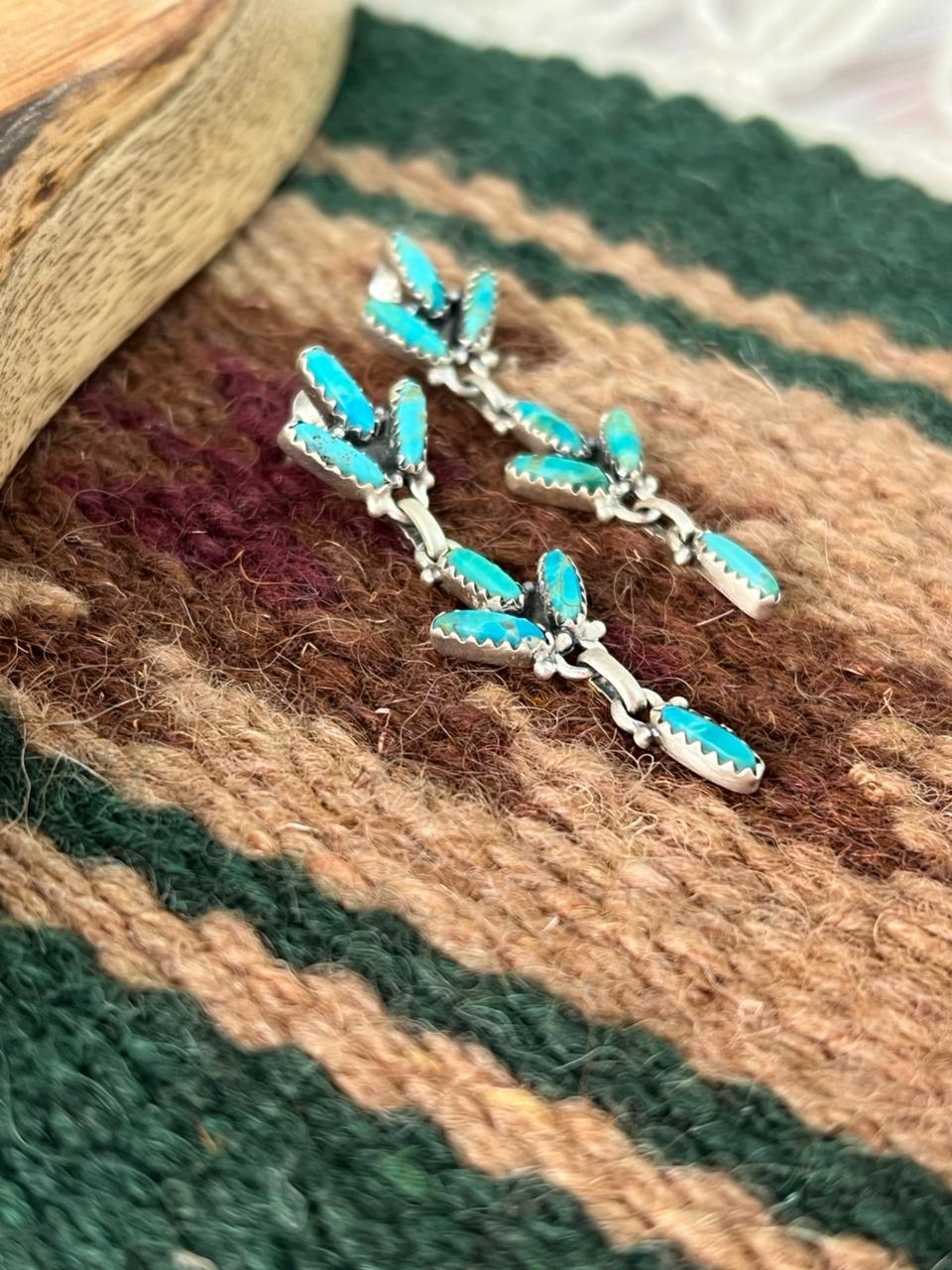 Handmade Sterling Silver Kingman Turquoise Post Dangle Earrings "Signed Nizhoni"