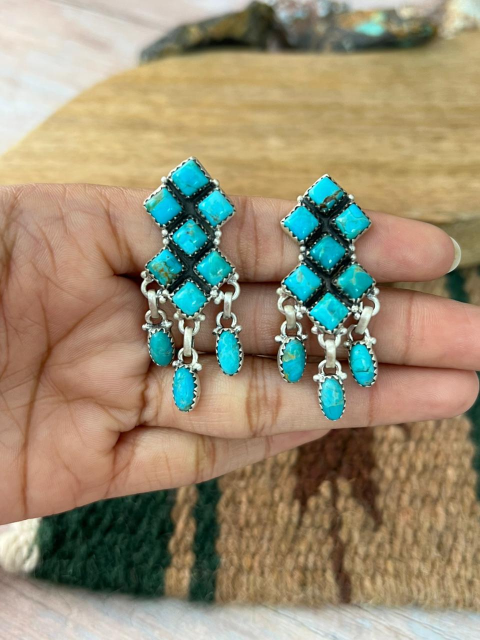 Handmade Sterling Silver Kingman Turquoise Post Dangle Earrings "Signed Nizhoni"