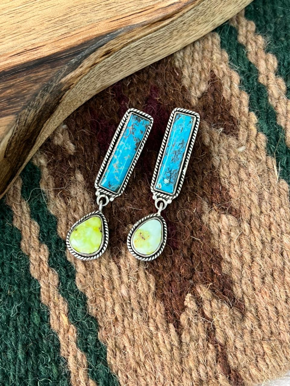 Handmade Sterling Silver Kingman with Palomino Turquoise Post Dangle Earrings "Signed Nizhoni"