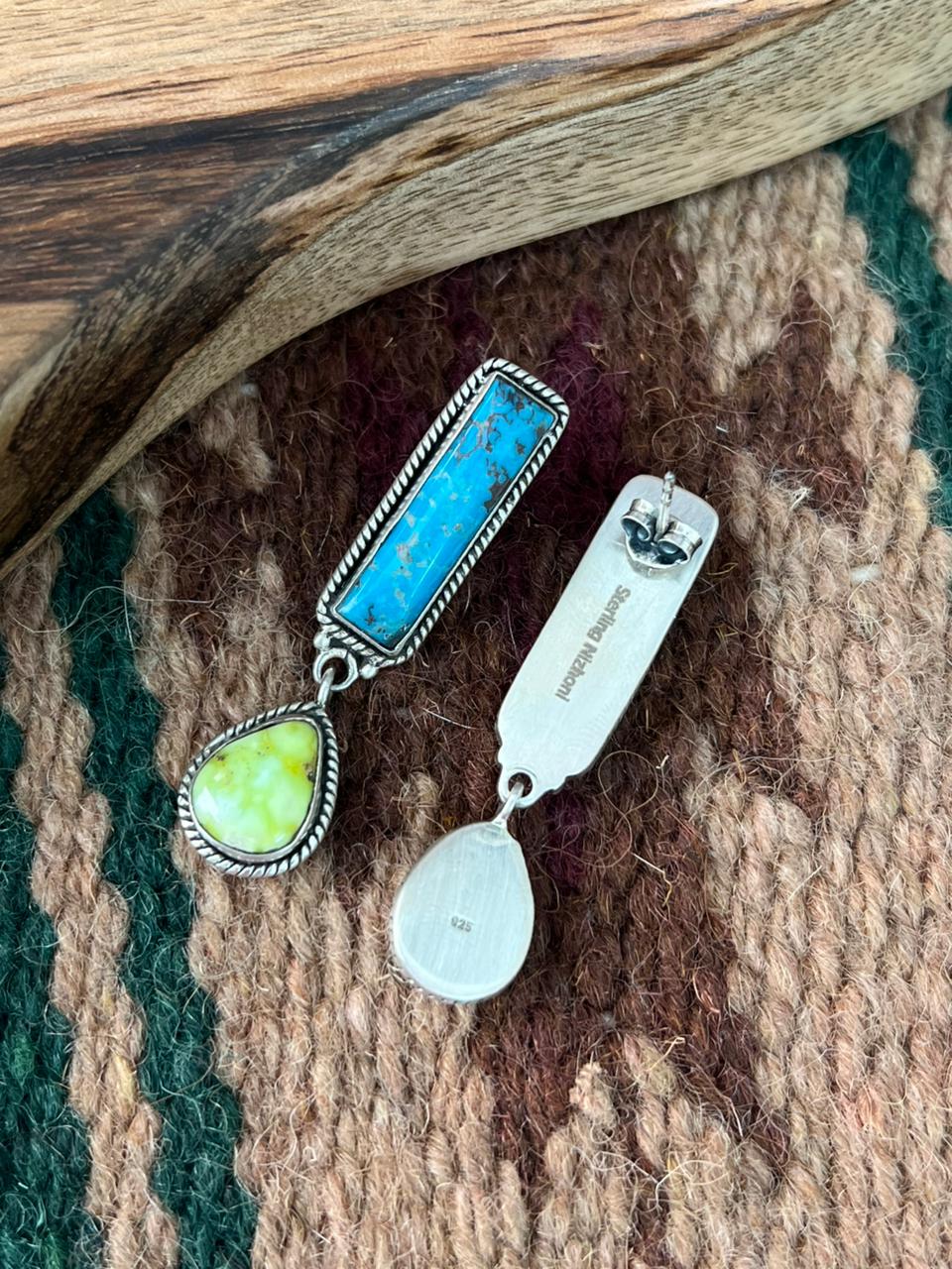 Handmade Sterling Silver Kingman with Palomino Turquoise Post Dangle Earrings "Signed Nizhoni"