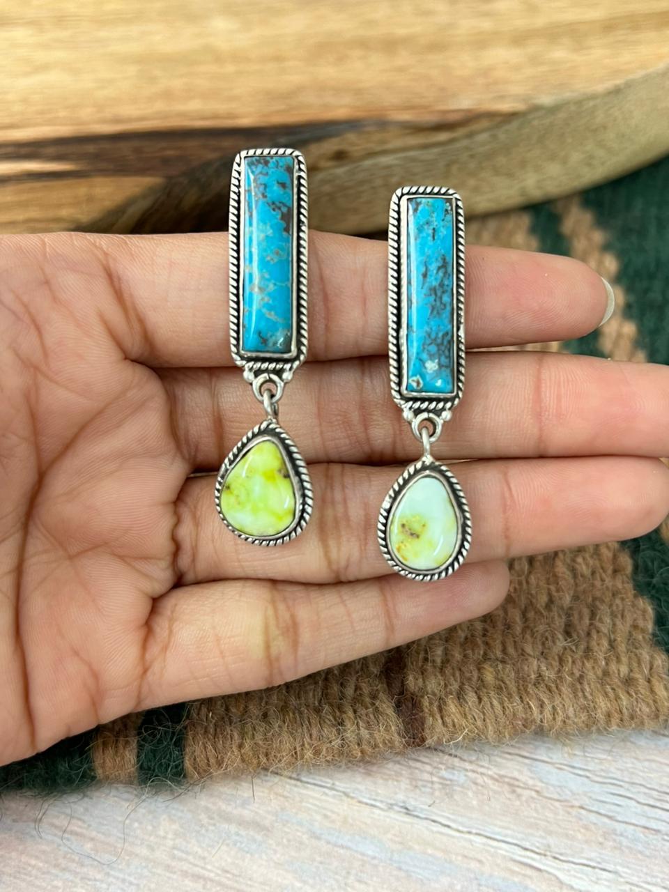 Handmade Sterling Silver Kingman with Palomino Turquoise Post Dangle Earrings "Signed Nizhoni"