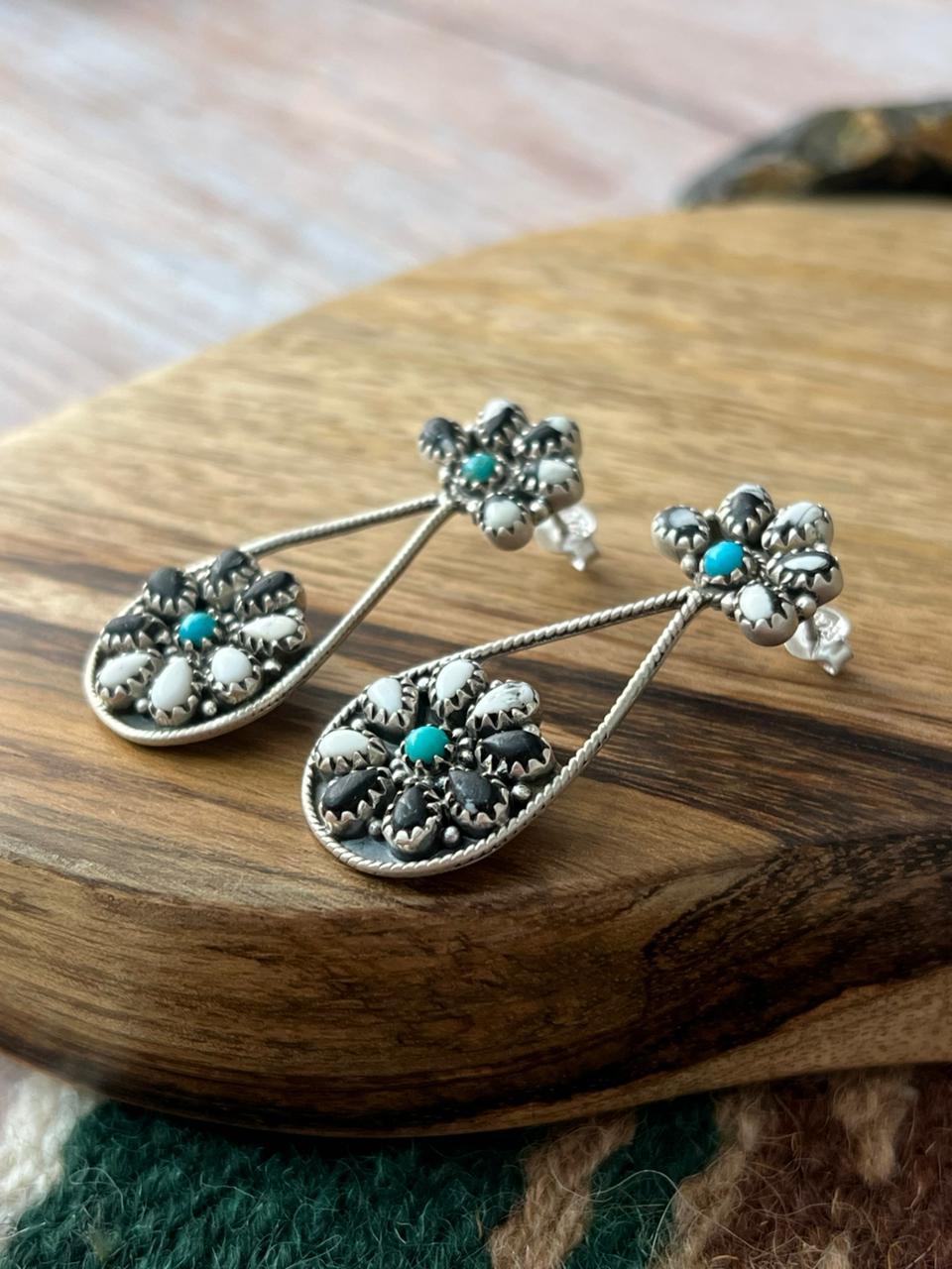 Handmade Sterling Silver Kingman Turquoise with White Buffalo Post Dangle Earrings "Signed Nizhoni"