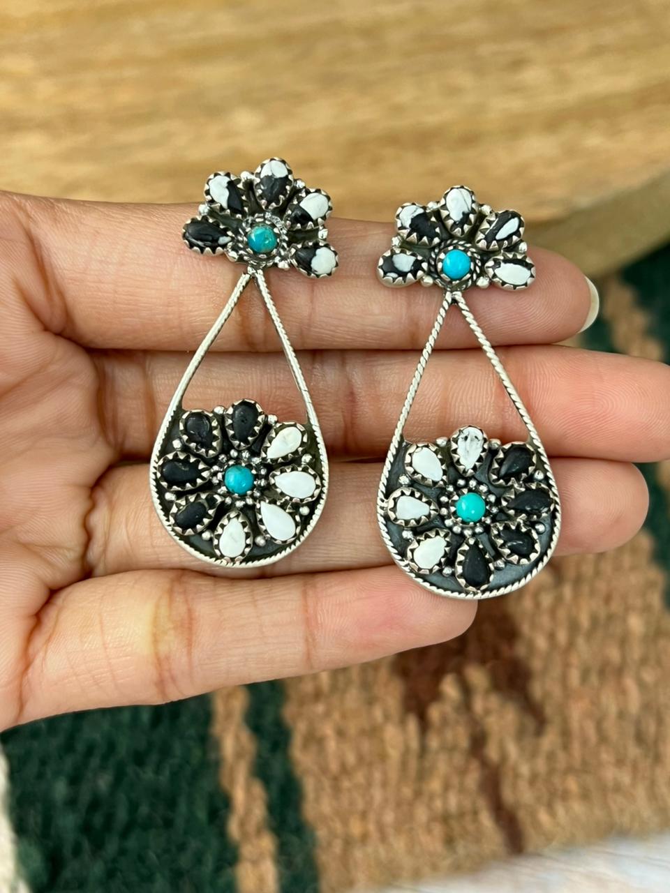 Handmade Sterling Silver Kingman Turquoise with White Buffalo Post Dangle Earrings "Signed Nizhoni"