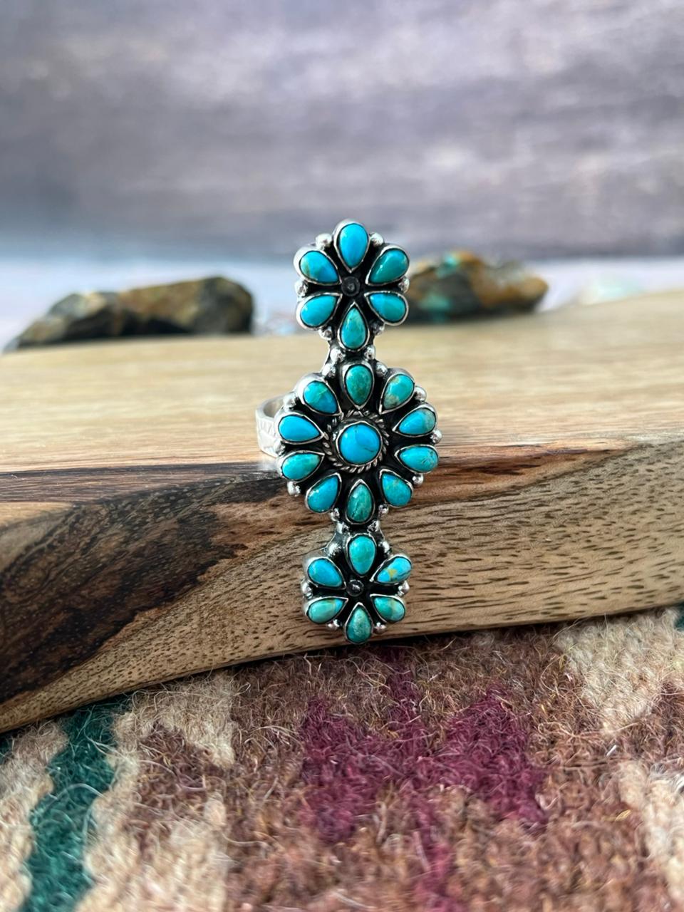Handmade Sterling Silver Kingman Turquoise Adjustable Ring "Signed Nizhoni"