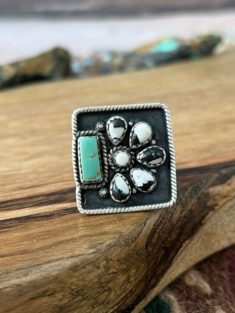 Handmade Sterling Silver White Buffalo with Kingman Turquoise Adjustable Ring "Signed Nizhoni"