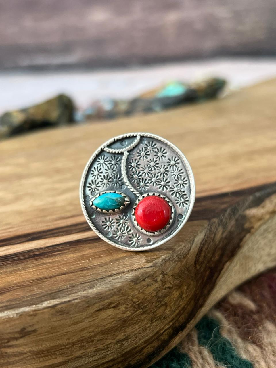 Handmade Sterling Silver Rosarita with Kingman Turquoise Cherry Adjustable Ring "Signed Nizhoni"