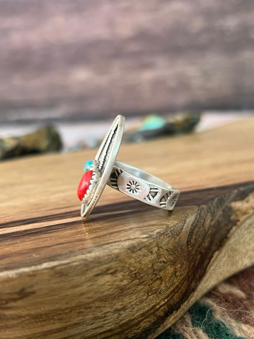 Handmade Sterling Silver Rosarita with Kingman Turquoise Cherry Adjustable Ring "Signed Nizhoni"