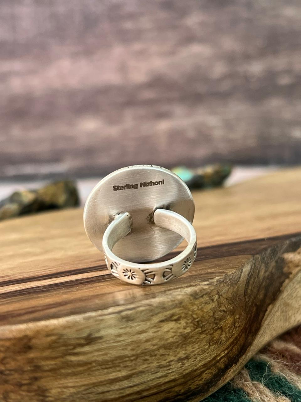 Handmade Sterling Silver Rosarita with Kingman Turquoise Cherry Adjustable Ring "Signed Nizhoni"