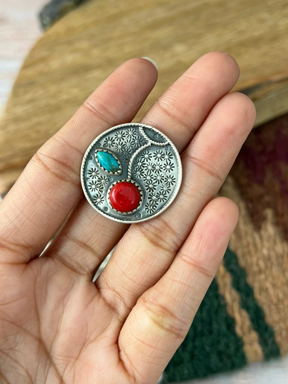 Handmade Sterling Silver Rosarita with Kingman Turquoise Cherry Adjustable Ring "Signed Nizhoni"